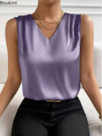 Red Sleeveless V-Neck Blouse for Women – Elegant Satin-Feel Tank Top | Chic Everyday & Workwear Essential - Image 3