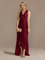 Gold Sequin Sleeveless Maxi Dress for Women | V-Neck Ruched Evening Gown with Slit - Image 16