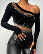 Black One-Shoulder Rhinestone Mesh Crop Top for Women – Long Sleeve Sheer Cutout Party Top | Night Out Statement Top