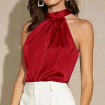 Luxury Satin Halter Neck Blouse for Women – Elegant Sleeveless High-Neck Top in Red, Teal & Black - Image 6