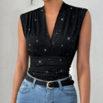 Black Sparkly Sleeveless V-Neck Wrap Top for Women – Ruched Waist Elegant Party Blouse | Chic Day-to-Night Top - Image 6