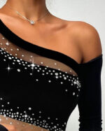 Black One-Shoulder Rhinestone Mesh Crop Top for Women – Long Sleeve Sheer Cutout Party Top | Night Out Statement Top - Image 2