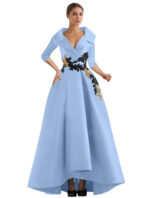 Elegant Champagne High-Low Evening Dress – V-Neck Structured Gown with Embroidered Appliqué - Image 20