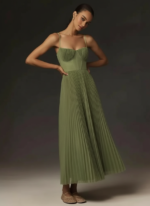 Sage Green Pleated Midi Dress – Corset-Style Spaghetti Strap Elegant Dress