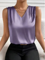 Red Sleeveless V-Neck Blouse for Women – Elegant Satin-Feel Tank Top | Chic Everyday & Workwear Essential - Image 12