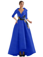 Elegant Champagne High-Low Evening Dress – V-Neck Structured Gown with Embroidered Appliqué - Image 12