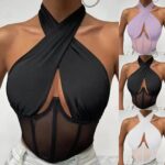 Elegant Halter Neck Mesh Corset Top for Women | Sheer Panel Wrap Neck Crop Top | Clubwear & Night Out Fashion - Image 12