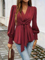 Teal Long Sleeve Wrap Blouse for Women – V-Neck Tie-Front Elegant Top | Chic Everyday & Workwear Blouse - Image 2