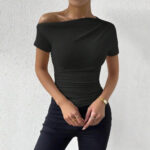 Beige One-Shoulder Ruched Crop Top for Women – Asymmetrical Short Sleeve Fitted Top | Minimalist Chic Essential - Image 3