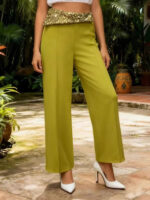 Burgundy High Waist Wide Leg Pants with Sequin Waistband | Elegant Dressy Women’s Trousers - Image 2