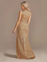 Gold Sequin Sleeveless Maxi Dress for Women | V-Neck Ruched Evening Gown with Slit - Image 2