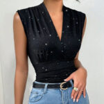 Black Sparkly Sleeveless V-Neck Wrap Top for Women – Ruched Waist Elegant Party Blouse | Chic Day-to-Night Top - Image 2