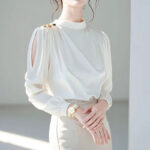 Luxury Ivory Chiffon Blouse with Gold Button Shoulder & Sheer Sleeves - Image 2