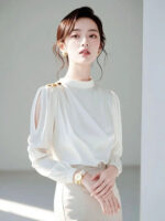 Luxury Ivory Chiffon Blouse with Gold Button Shoulder & Sheer Sleeves - Image 5