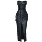 Black Strapless Faux Leather Midi Dress for Women | Corset Waist Button Detail Slit Dress - Image 4
