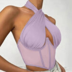 Elegant Halter Neck Mesh Corset Top for Women | Sheer Panel Wrap Neck Crop Top | Clubwear & Night Out Fashion - Image 3
