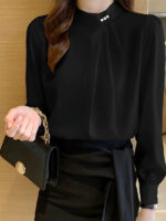 Elegant Pearl Button Chiffon Blouse – Light Blue Long Sleeve Office Top - Image 3