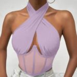 Elegant Halter Neck Mesh Corset Top for Women | Sheer Panel Wrap Neck Crop Top | Clubwear & Night Out Fashion - Image 14