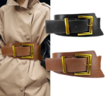 Wide Faux Leather Waist Belt with Gold Square Buckle – Statement Cinch Belt for Dresses & Coats