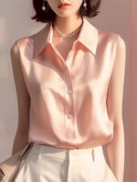 Sleeveless Satin Blouse for Women – Elegant Button-Front Top - Image 9