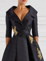 Elegant Champagne High-Low Evening Dress – V-Neck Structured Gown with Embroidered Appliqué - Image 4