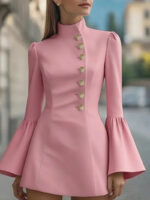 Elegant White High-Neck Mini Dress for Women | Gold Button Long Sleeve Structured Dress - Image 9