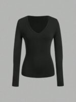 Long-Sleeve V-Neck Fitted Top – Soft Stretch Everyday Essential - Image 10