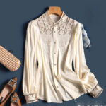 Elegant Ivory Lace Trim Blouse for Women – Long Sleeve Button-Up High Neck Top | Classic Boutique Blous - Image 3
