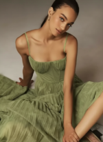 Sage Green Pleated Midi Dress – Corset-Style Spaghetti Strap Elegant Dress - Image 4
