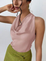 Elegant Satin Halter Blouse for Women – Sleeveless Bow Neck Office Lady Top - Image 20