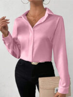 Women’s Satin Long Sleeve Blouse – Hot Pink Silk-Feel Button-Up Shirt | Elegant Loose Office & Casual Top - Image 7