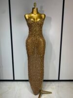 Luxury Champagne Crystal Embellished Maxi Gown – Spaghetti Strap Elegant Evening Dress - Image 9