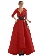 Elegant Champagne High-Low Evening Dress – V-Neck Structured Gown with Embroidered Appliqué - Image 9