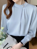 Elegant Pearl Button Chiffon Blouse – Light Blue Long Sleeve Office Top - Image 2