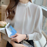 Elegant Pearl Button Chiffon Blouse – Light Blue Long Sleeve Office Top - Image 20
