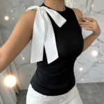 Elegant Black Sleeveless Top with White Bow – Chic High-Neck Women’s Blouse | Modern Boutique Style - Image 5
