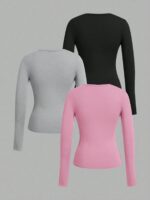 Long-Sleeve V-Neck Fitted Top – Soft Stretch Everyday Essential - Image 2