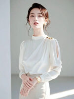 Luxury Ivory Chiffon Blouse with Gold Button Shoulder & Sheer Sleeves - Image 4