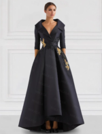 Elegant Champagne High-Low Evening Dress – V-Neck Structured Gown with Embroidered Appliqué - Image 2