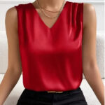 Red Sleeveless V-Neck Blouse for Women – Elegant Satin-Feel Tank Top | Chic Everyday & Workwear Essential - Image 8