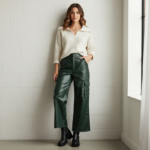 Luxury Forest Green PU Leather Wide-Leg Cargo Pants – High-Waist Cropped Vegan Leather Trousers for Women - Image 2