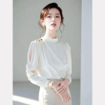 Luxury Ivory Chiffon Blouse with Gold Button Shoulder & Sheer Sleeves - Image 6