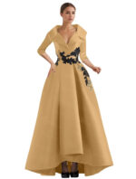 Elegant Champagne High-Low Evening Dress – V-Neck Structured Gown with Embroidered Appliqué - Image 13