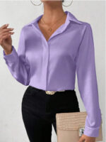 Women’s Satin Long Sleeve Blouse – Hot Pink Silk-Feel Button-Up Shirt | Elegant Loose Office & Casual Top - Image 8