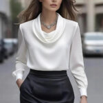 Luxury Draped Satin Blouse for Women – Elegant Long Sleeve Cowl Neck Top