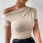 Beige One-Shoulder Ruched Crop Top for Women – Asymmetrical Short Sleeve Fitted Top | Minimalist Chic Essential