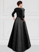 Elegant Champagne High-Low Evening Dress – V-Neck Structured Gown with Embroidered Appliqué - Image 3