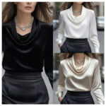 Luxury Draped Satin Blouse for Women – Elegant Long Sleeve Cowl Neck Top - Image 3