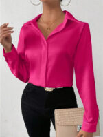 Women’s Satin Long Sleeve Blouse – Hot Pink Silk-Feel Button-Up Shirt | Elegant Loose Office & Casual Top
