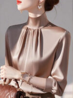 Luxury Satin Pleated Blouse – Elegant Long Sleeve Silky Top for Women - Image 4